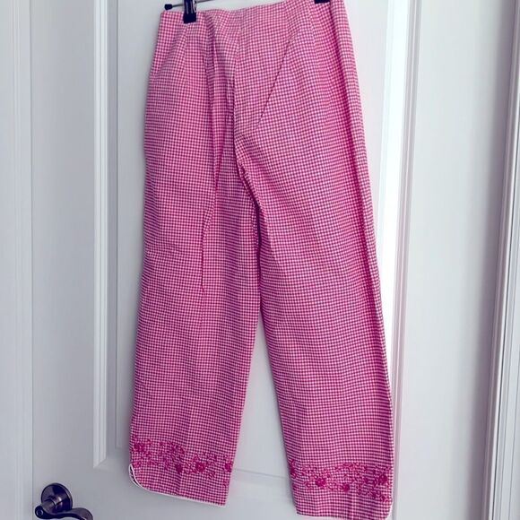 Talbots Petite VTG Pink Checkered pant Hand sewn Floral Embroidery Hong Kong - Picture 4 of 7